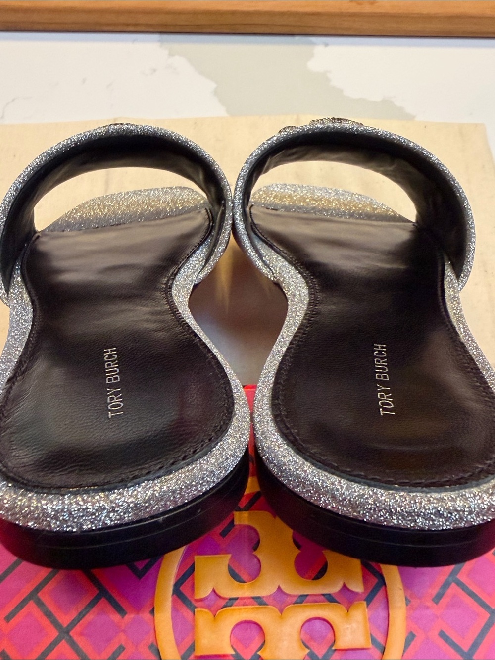 Tory Burch Silver Glitter Double-T Crystal Eleanor Slide Sandals - Picture 4 of 12